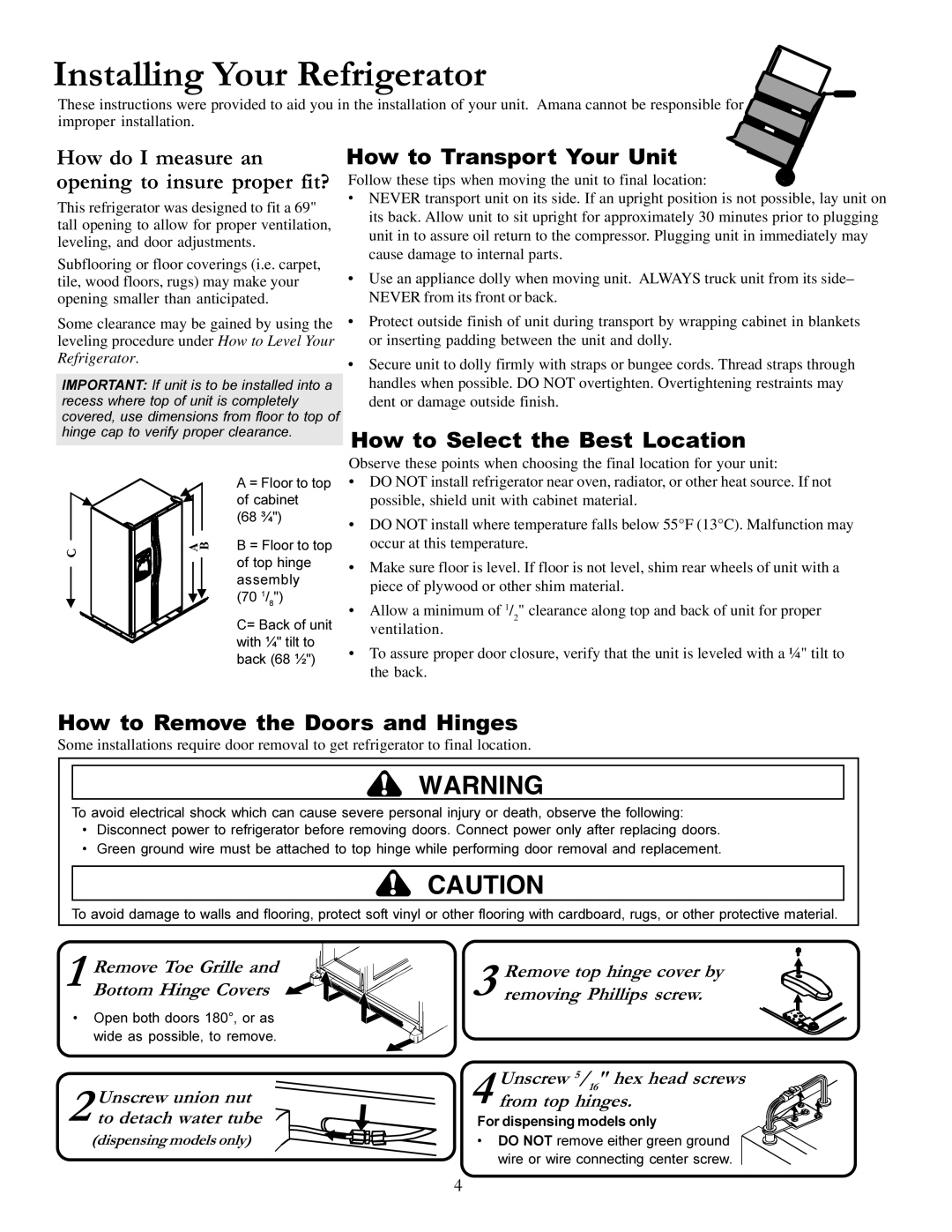 Amana DRS246RBW manual Unscrew 5/16 hex head screws from top hinges, Dispensing models only, For dispensing models only 