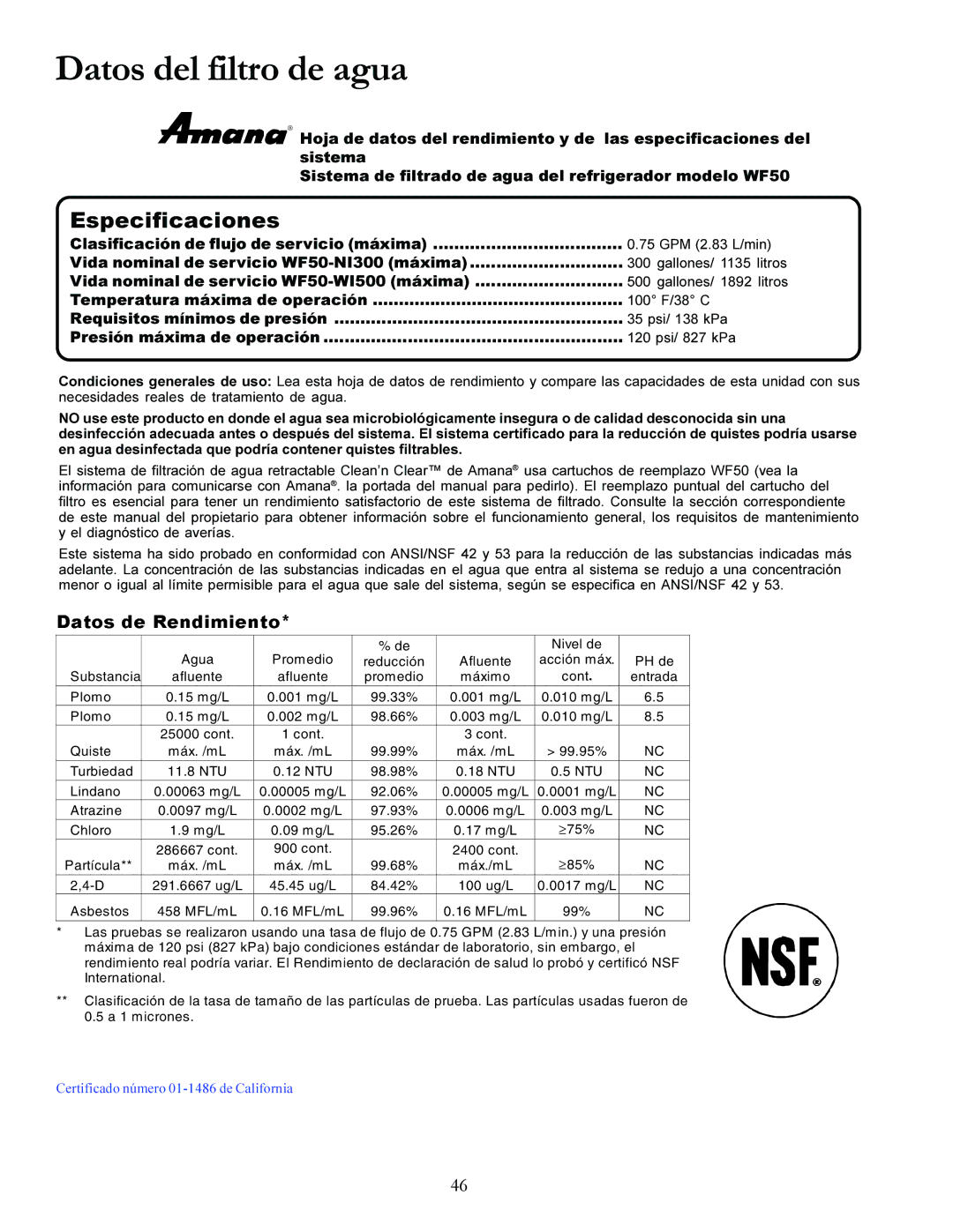 Amana DRS246RBC, DRSE663BC, DRSE663BW, DRS2663BB, DRS2663BW, DRS246RBW, DRS2663BC Datos del filtro de agua, Especificaciones 