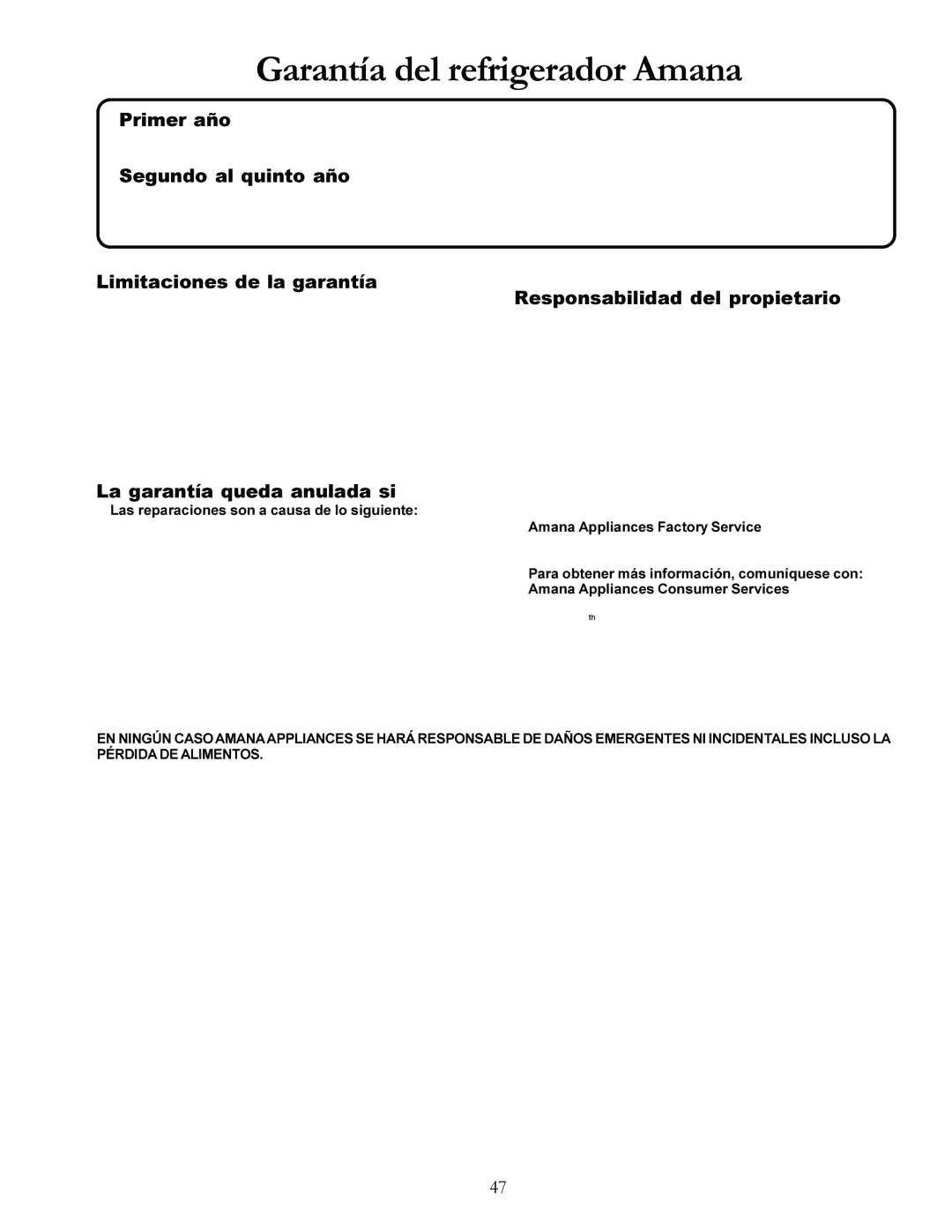 Amana DRS2462BW, DRSE663BC, DRSE663BW, DRS2663BB, DRS2663BW, DRS246RBW, DRS2663BC, DRSE663BB Garantía del refrigerador Amana 