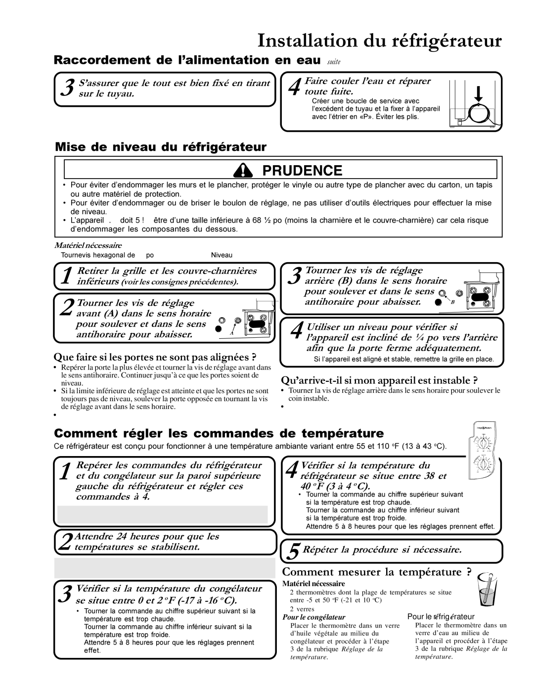 Amana DRS246RBB, DRSE663BC, DRSE663BW manual Raccordement de l’alimentation en eau suite, Mise de niveau du réfrigérateur 