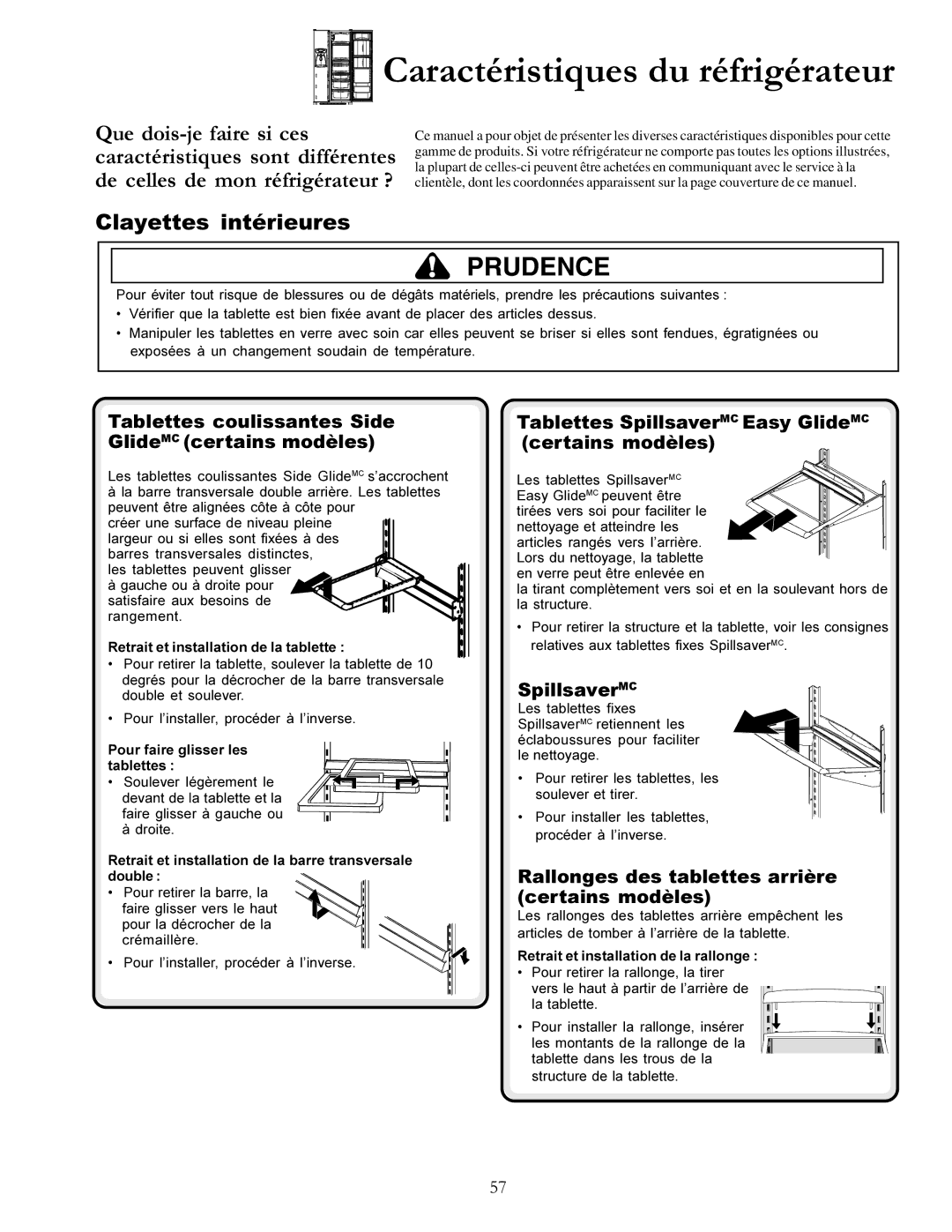 Amana DRS2462BB, DRSE663BC manual Clayettes intérieures, Tablettes coulissantes Side GlideMC certains modèles, SpillsaverMC 