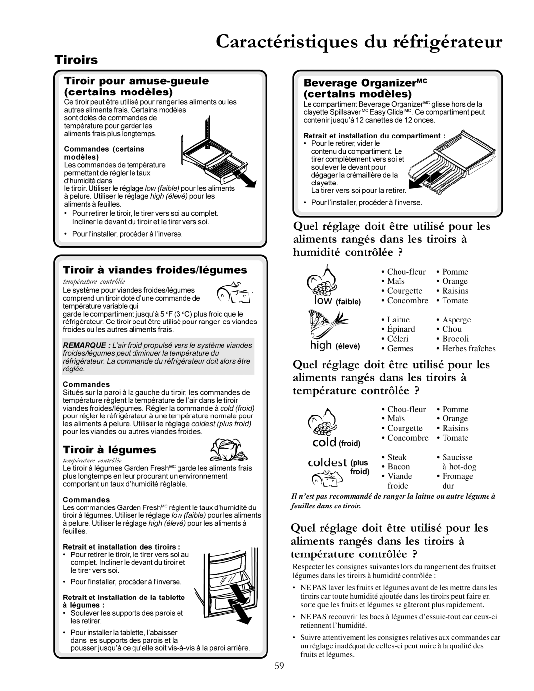 Amana DRS2462BW Tiroirs, Tiroir pour amuse-gueule certains modèles, Tiroir à viandes froides/légumes, Tiroir à légumes 