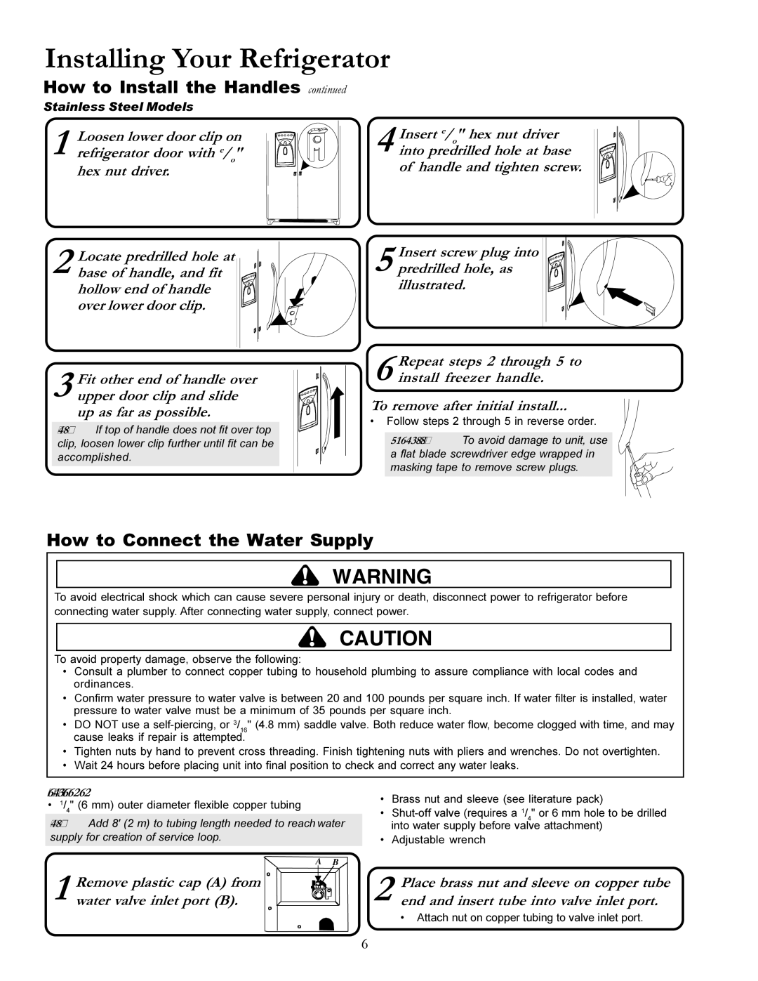 Amana DRSE663BB, DRSE663BC, DRSE663BW manual How to Install the Handles, How to Connect the Water Supply, Materials Needed 