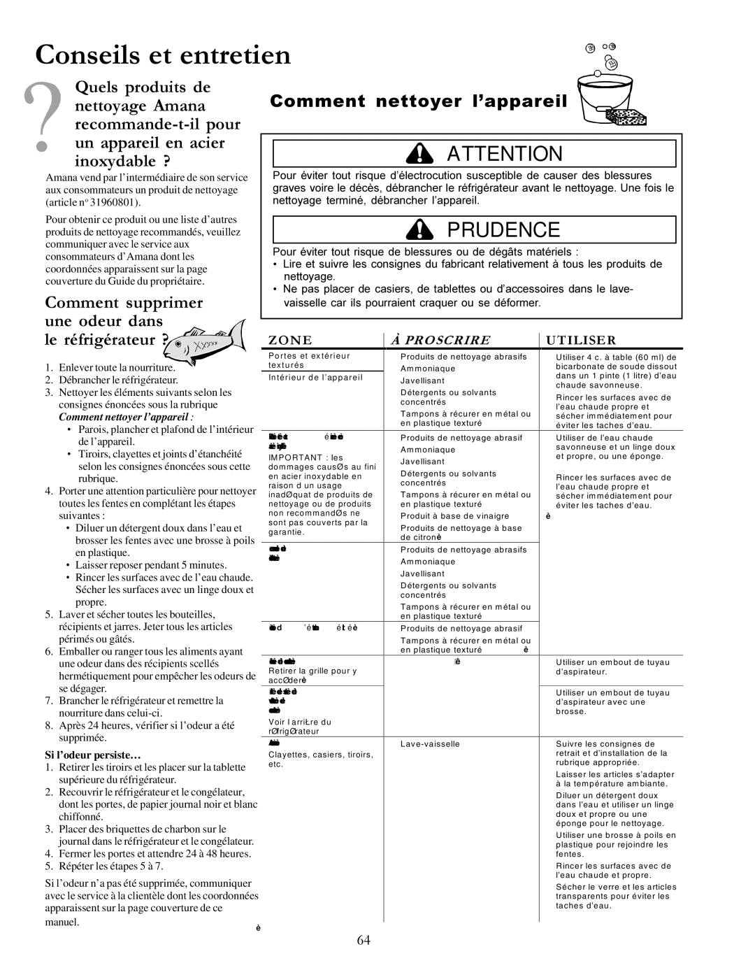 Amana DRS246RBW, DRSE663BC, DRSE663BW, DRS2663BB Conseils et entretien, Le réfrigérateur, Comment supprimer, Une odeur dans 