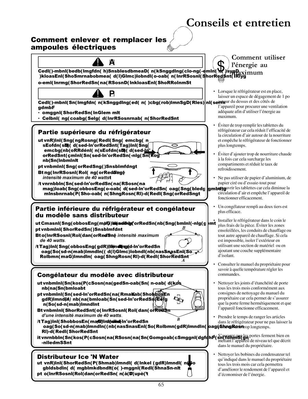 Amana DRS2663BC manual Comment enlever et remplacer les ampoules électriques, Maximum, Partie supérieure du réfrigérateur 