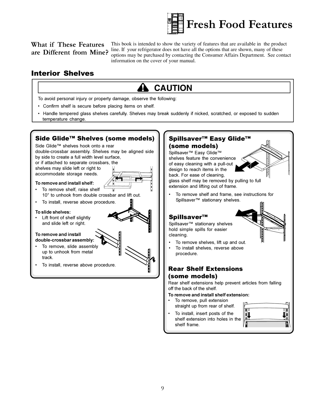 Amana DRS2462BB, DRSE663BC, DRSE663BW Interior Shelves, Side Glide Shelves some models Spillsaver Easy Glide, Some models 