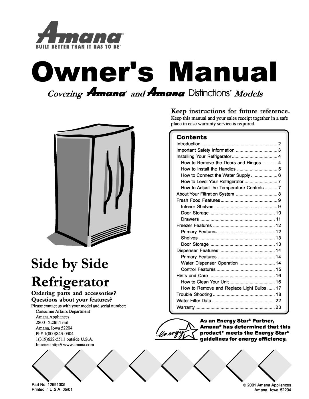 Amana DRSE663BW, DRSE663BC manual Covering and Models, Keep instructions for future reference, Owners Manual, Contents 