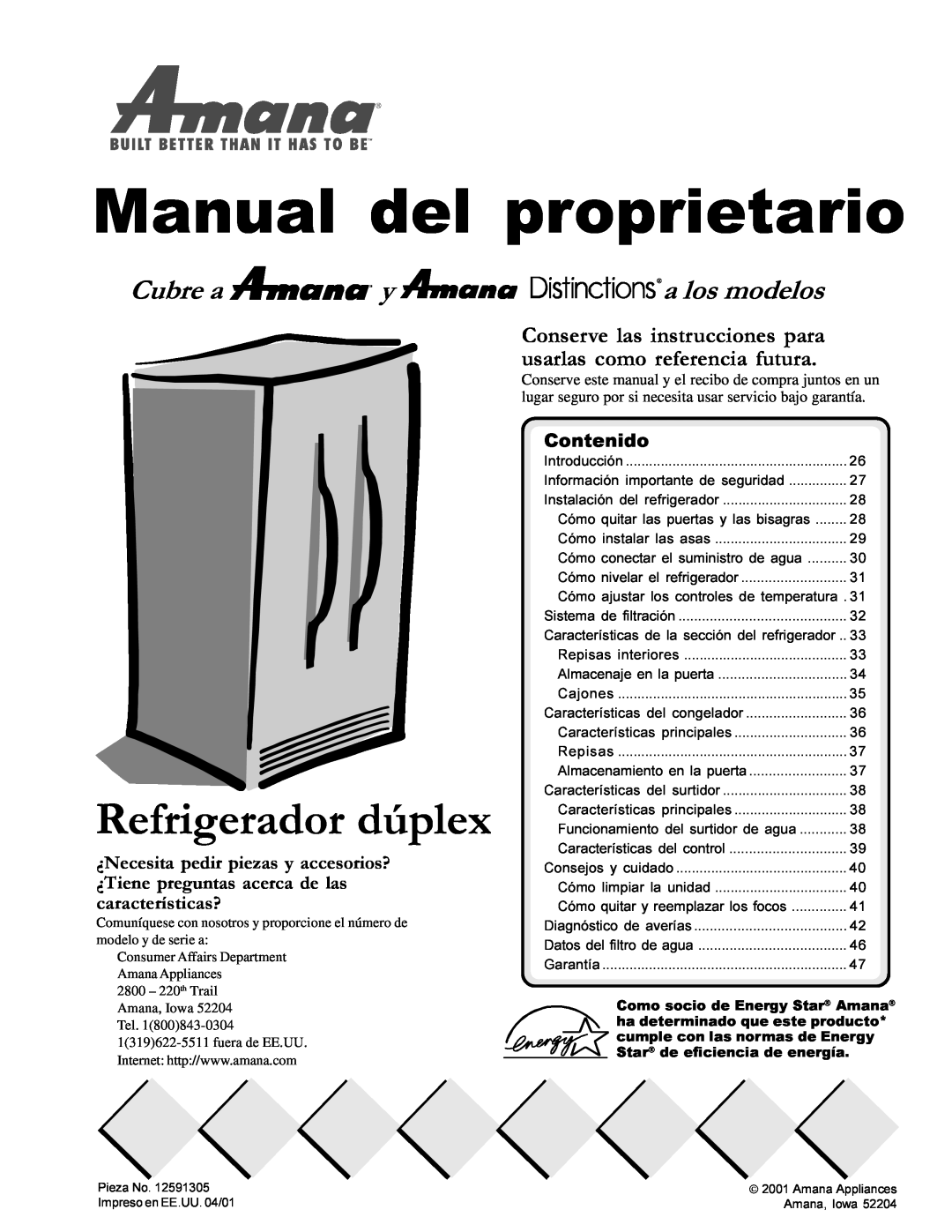 Amana DRSE663BW, DRSE663BC, DRS2663BB manual Cubre a y a los modelos, Manual del proprietario, Refrigerador dúplex, Contenido 
