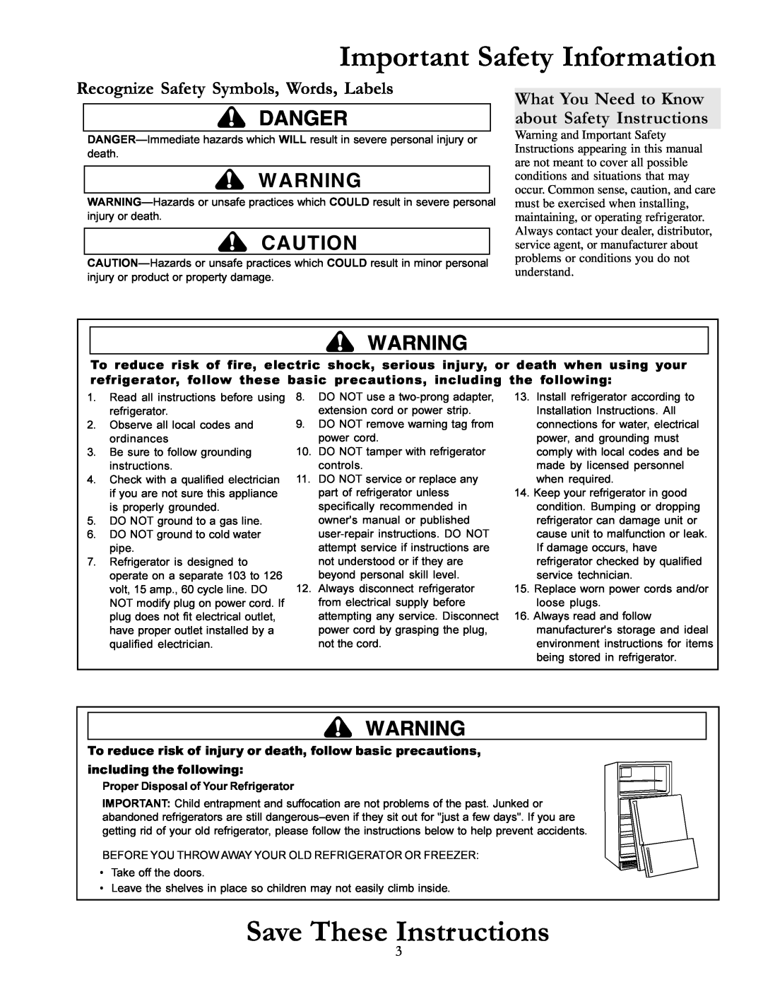Amana DRS2663BW Important Safety Information, Save These Instructions, Danger, Recognize Safety Symbols, Words, Labels 