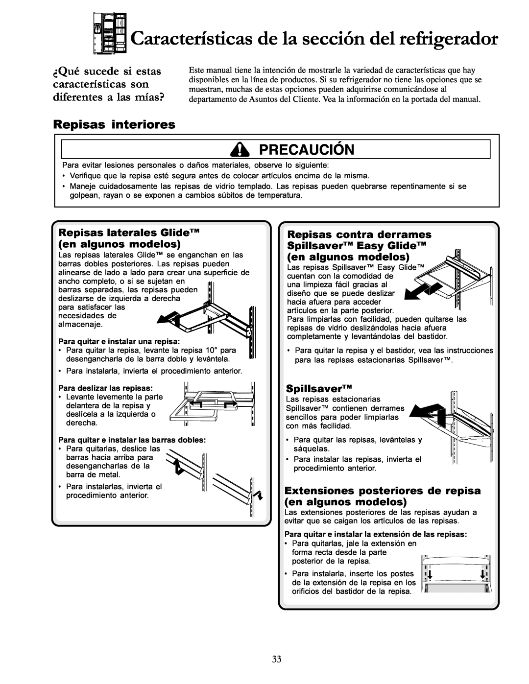 Amana DRS2462BB, DRSE663BC manual Características de la sección del refrigerador, Repisas interiores, Precaución, Spillsaver 