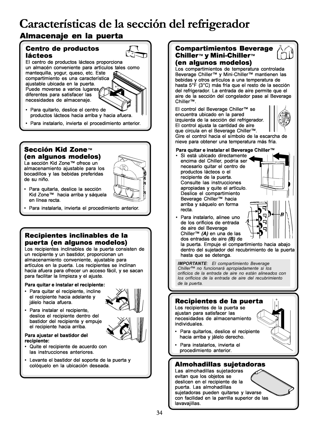 Amana DRS246RBC manual Características de la sección del refrigerador, Almacenaje en la puerta, Centro de productos lácteos 