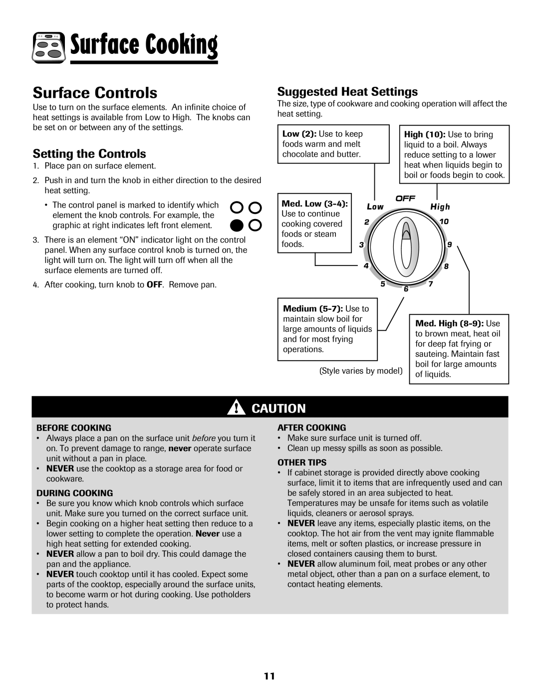 Amana Electric Range - Coil manual Surface Controls, Suggested Heat Settings, Setting the Controls 