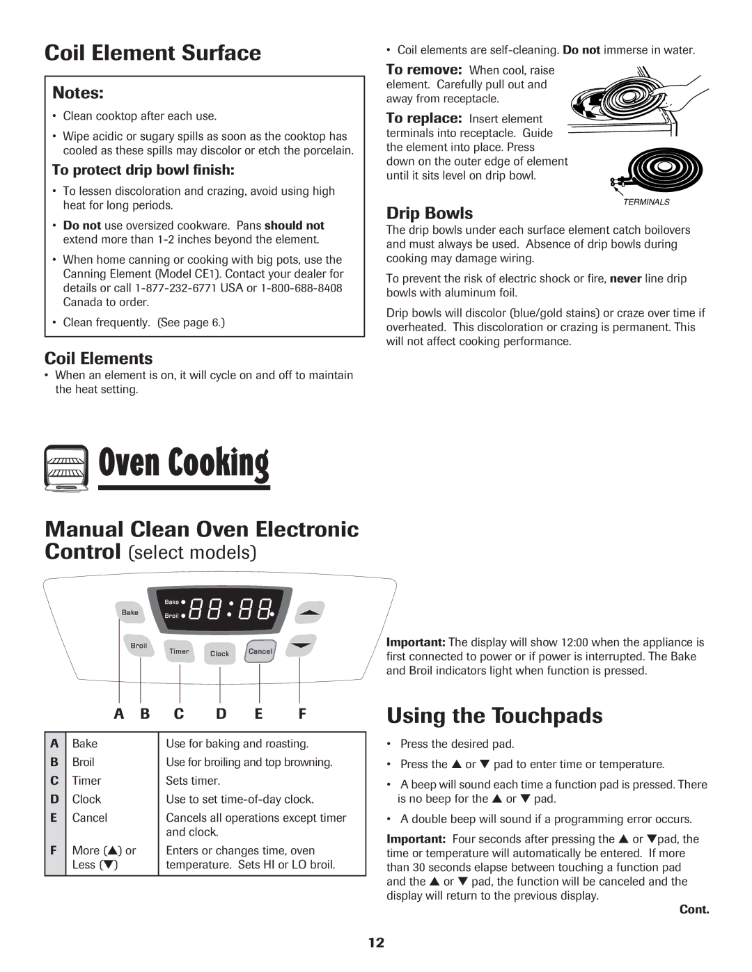 Amana Electric Range - Coil manual Oven Cooking, Coil Element Surface, Using the Touchpads, Coil Elements, Drip Bowls 