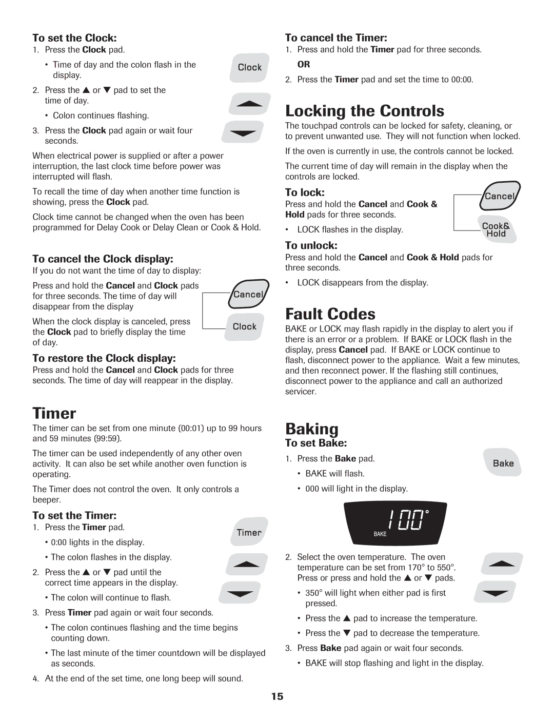 Amana Electric Range - Coil manual Timer, Locking the Controls, Fault Codes, Baking 