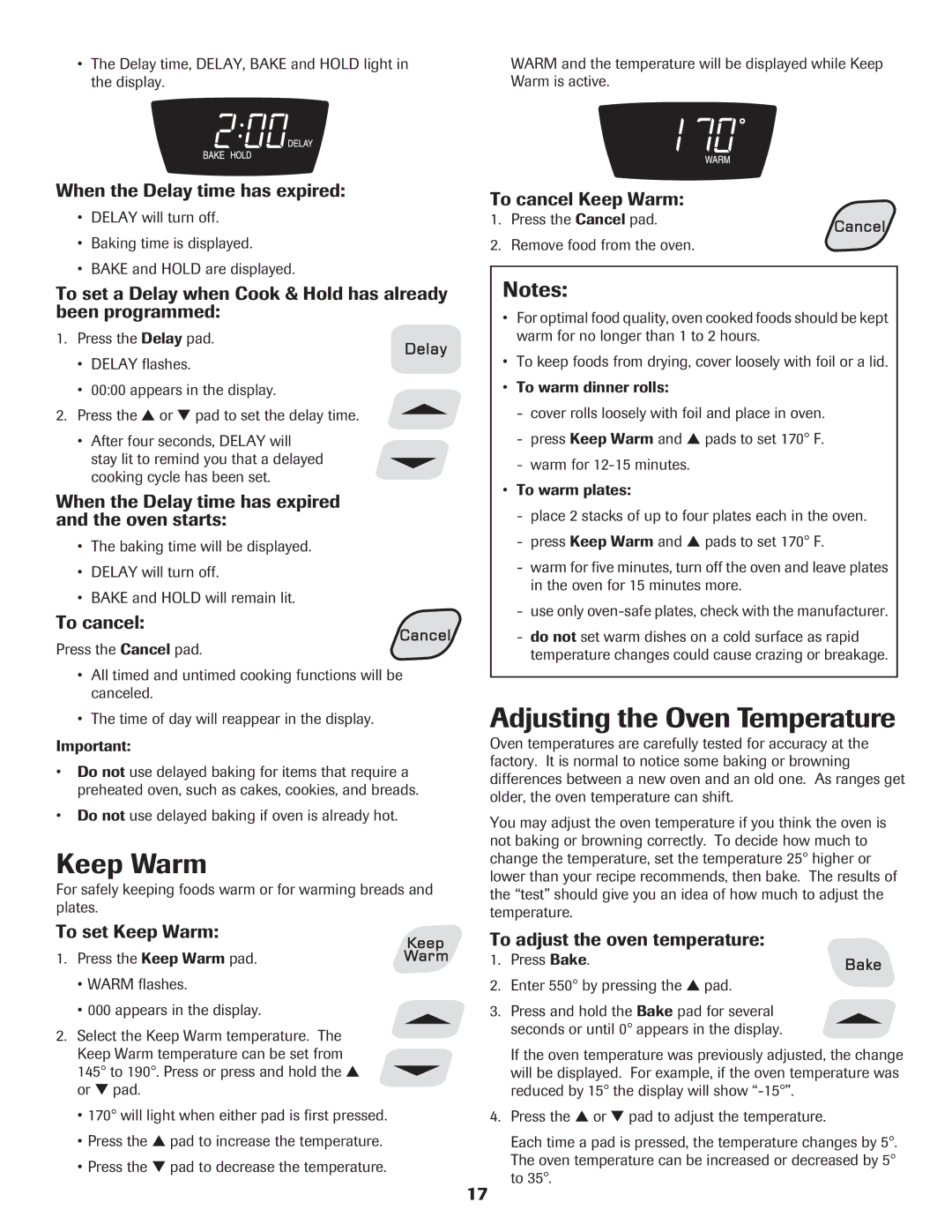 Amana Electric Range - Coil manual Keep Warm, Adjusting the Oven Temperature 