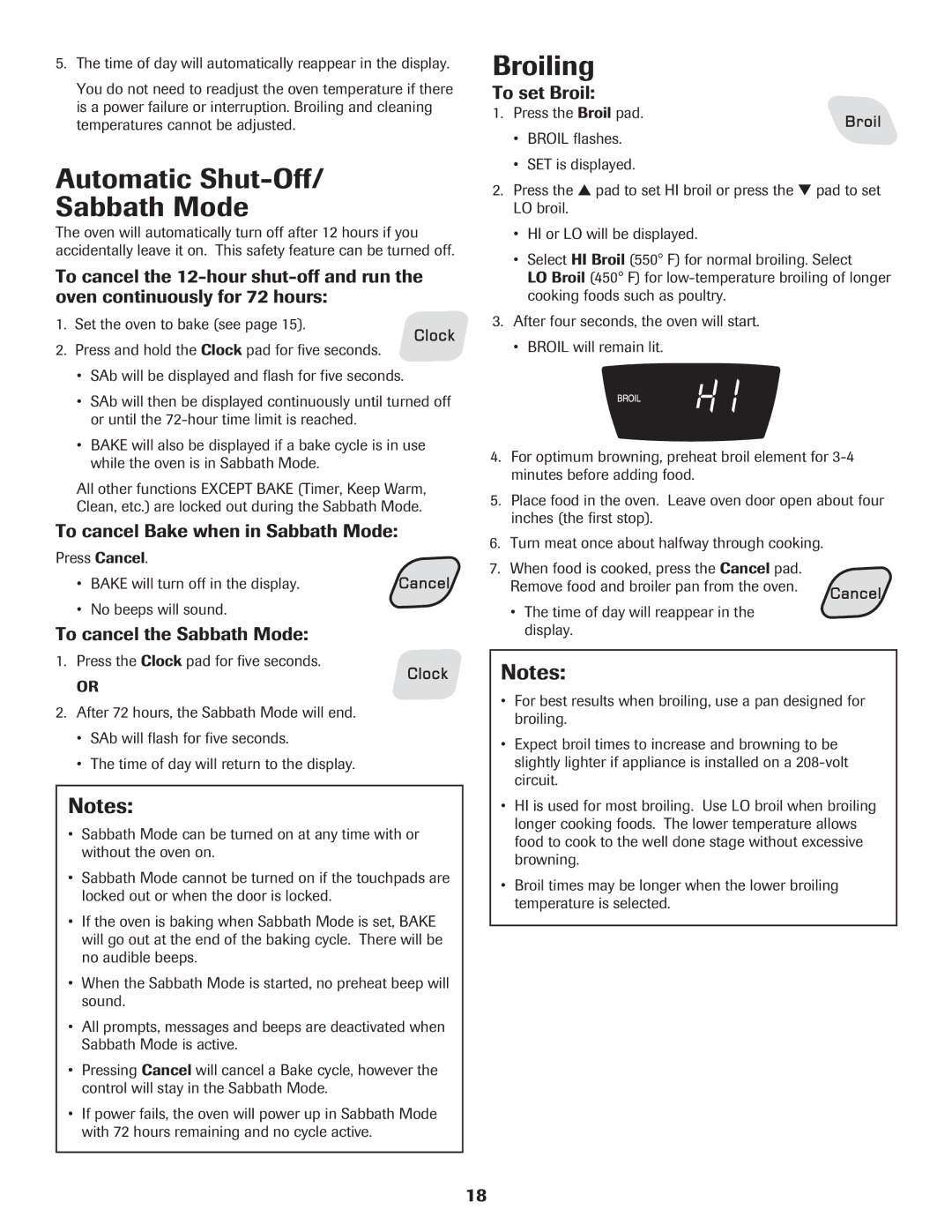 Amana Electric Range - Coil Automatic Shut-Off Sabbath Mode, Broiling, To cancel Bake when in Sabbath Mode, To set Broil 