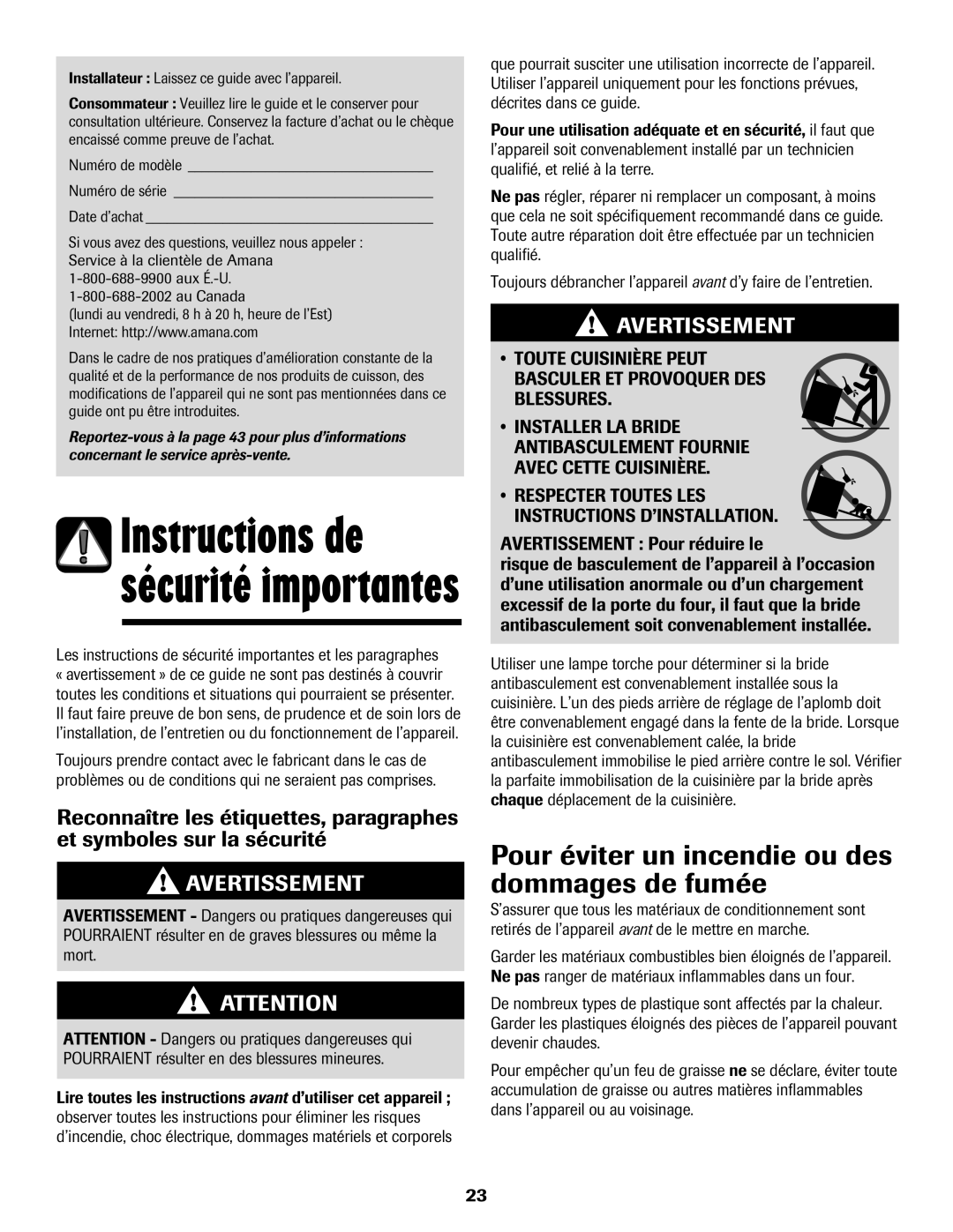 Amana Electric Range - Coil Pour éviter un incendie ou des dommages de fumée, Blessures, Avertissement Pour réduire le 