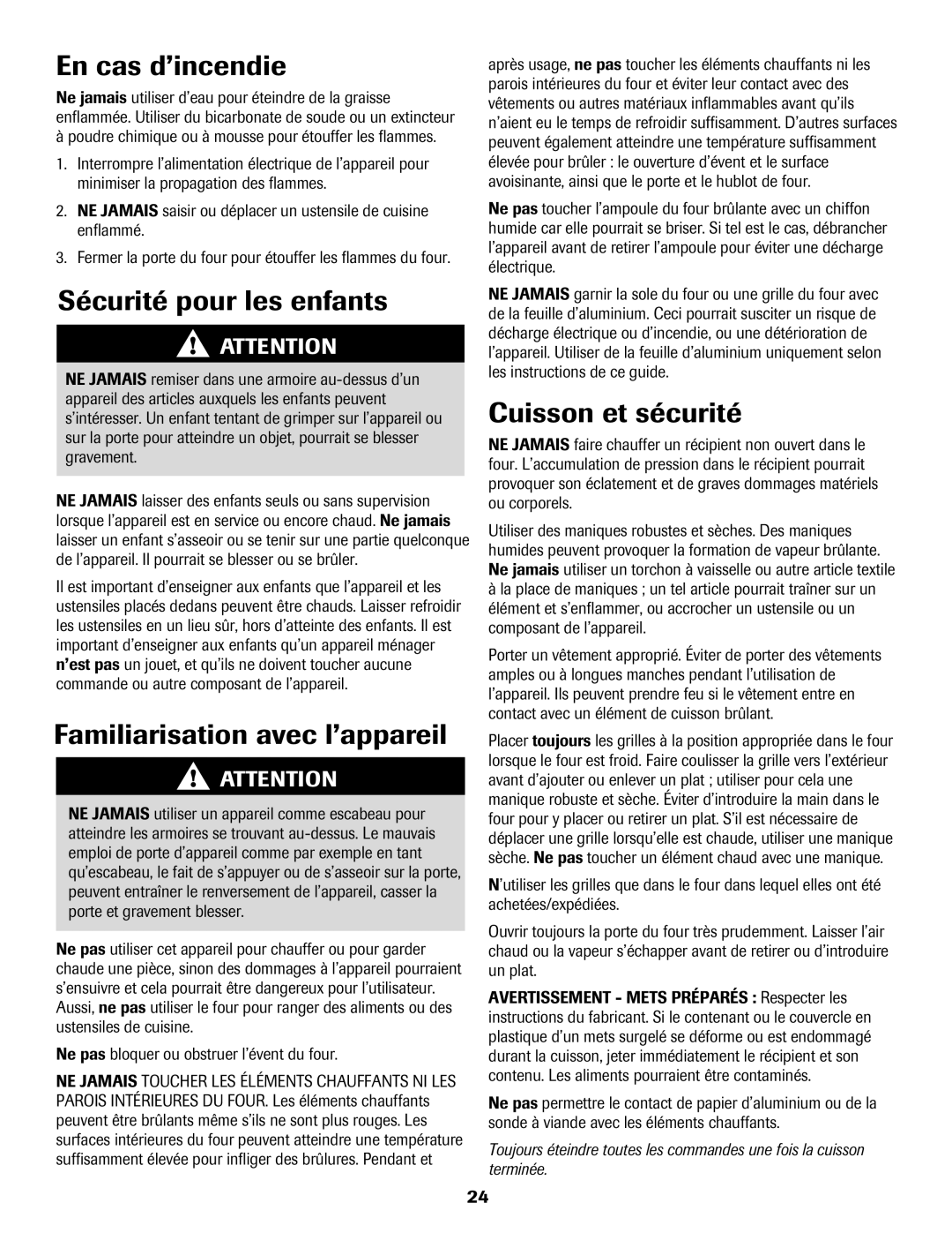 Amana Electric Range - Coil manual En cas d’incendie, Sécurité pour les enfants, Familiarisation avec l’appareil 