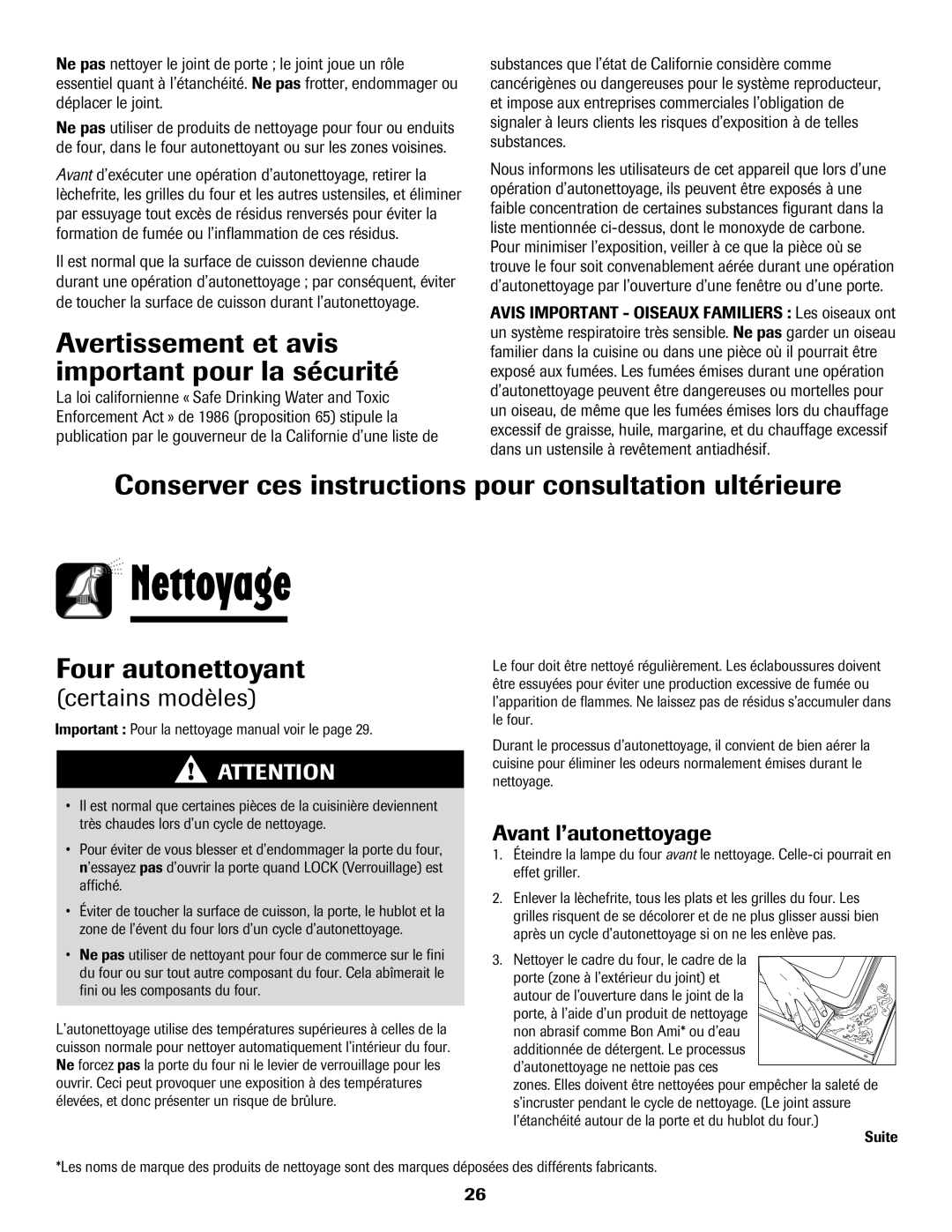 Amana Electric Range - Coil manual Nettoyage, Avertissement et avis important pour la sécurité, Avant l’autonettoyage 