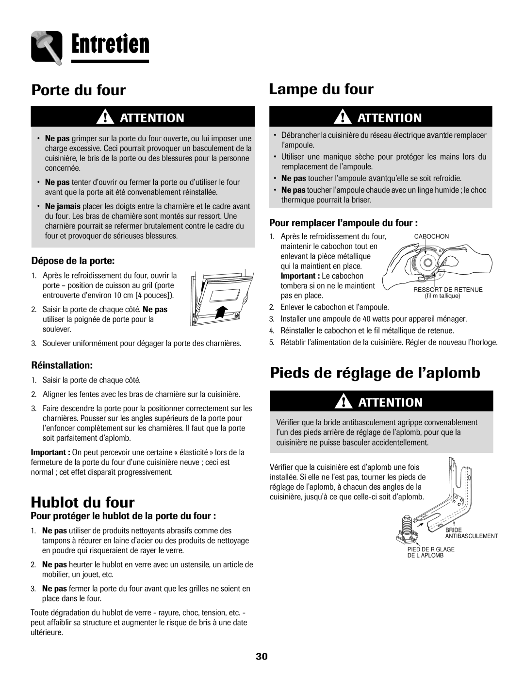 Amana Electric Range - Coil manual Entretien, Porte du four, Lampe du four, Hublot du four, Pieds de réglage de l’aplomb 