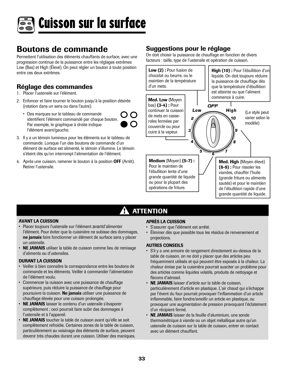 Amana Electric Range - Coil manual Cuisson sur la surface, Boutons de commande, Suggestions pour le réglage 