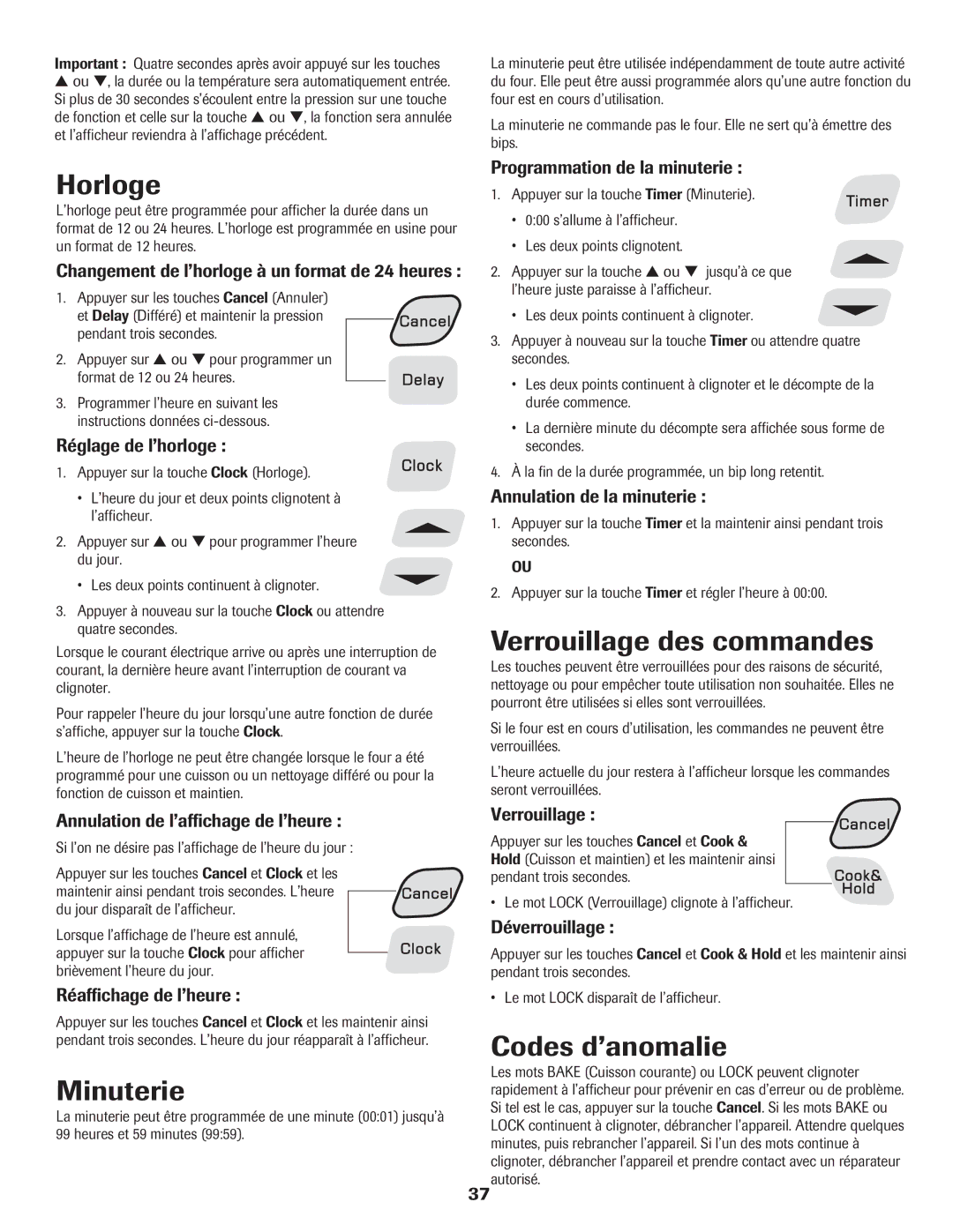 Amana Electric Range - Coil manual Horloge, Minuterie, Verrouillage des commandes, Codes d’anomalie 