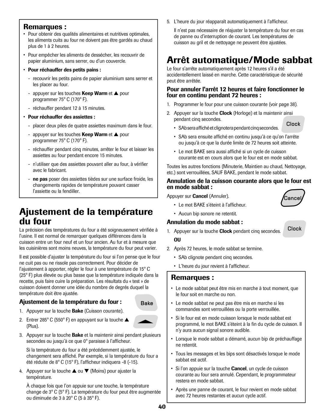 Amana Electric Range - Coil Ajustement de la température du four, Arrêt automatique/Mode sabbat, Annulation du mode sabbat 