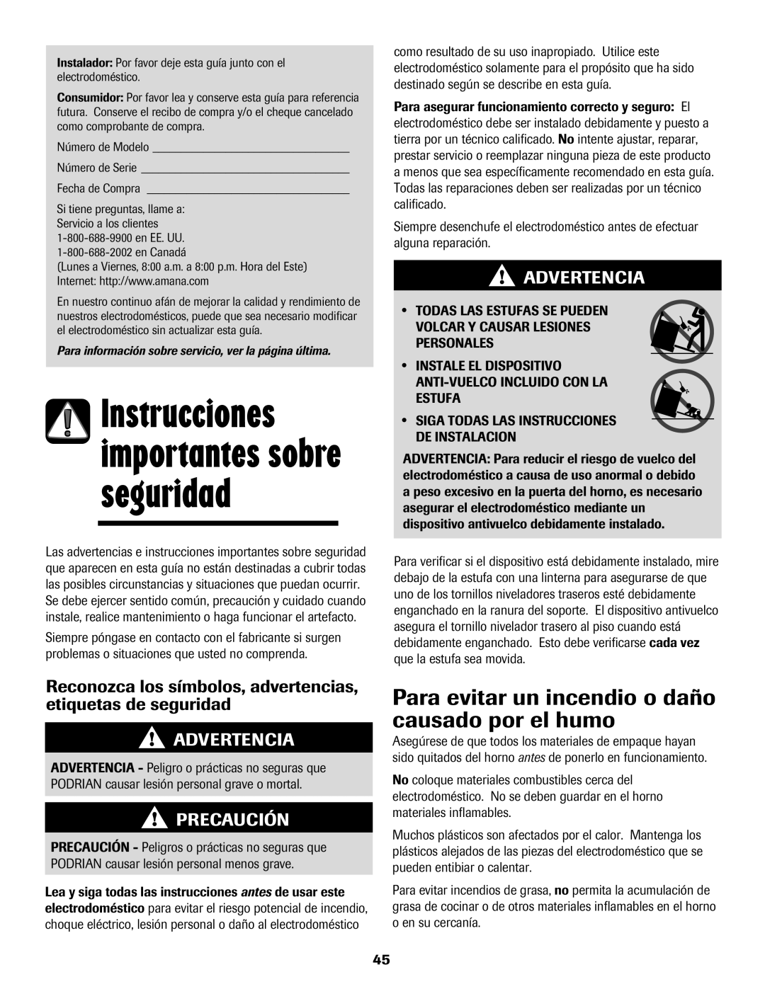 Amana Electric Range - Coil manual Para evitar un incendio o daño causado por el humo, Fecha de Compra, En EE. UU En Canadá 