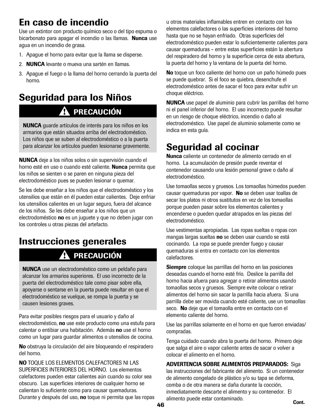 Amana Electric Range - Coil En caso de incendio, Seguridad para los Niños, Instrucciones generales, Seguridad al cocinar 