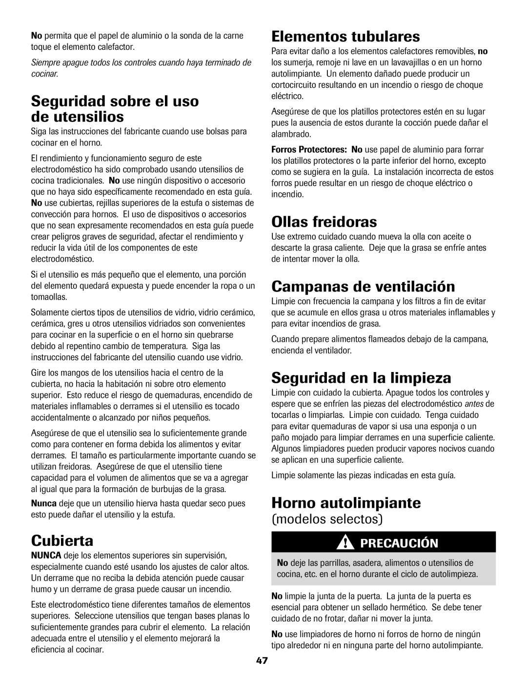 Amana Electric Range - Coil manual Seguridad sobre el uso de utensilios, Cubierta, Elementos tubulares, Ollas freidoras 