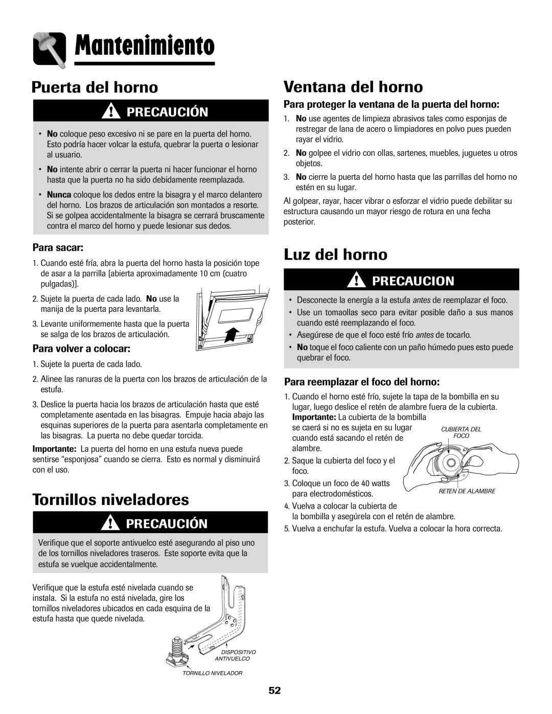 Amana Electric Range - Coil manual Mantenimiento, Puerta del horno, Ventana del horno, Tornillos niveladores, Luz del horno 