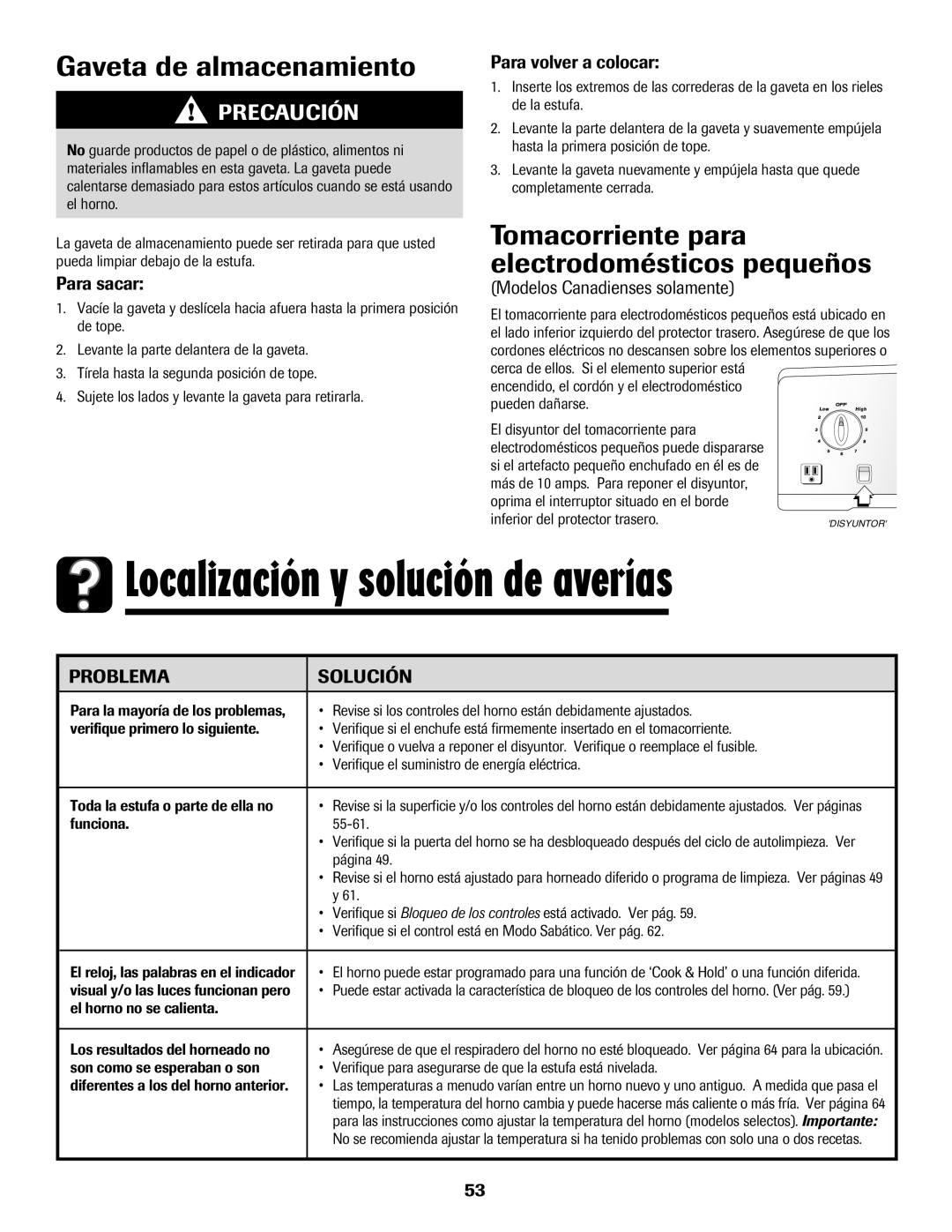 Amana Electric Range - Coil Localización y solución de averías, Gaveta de almacenamiento, Modelos Canadienses solamente 