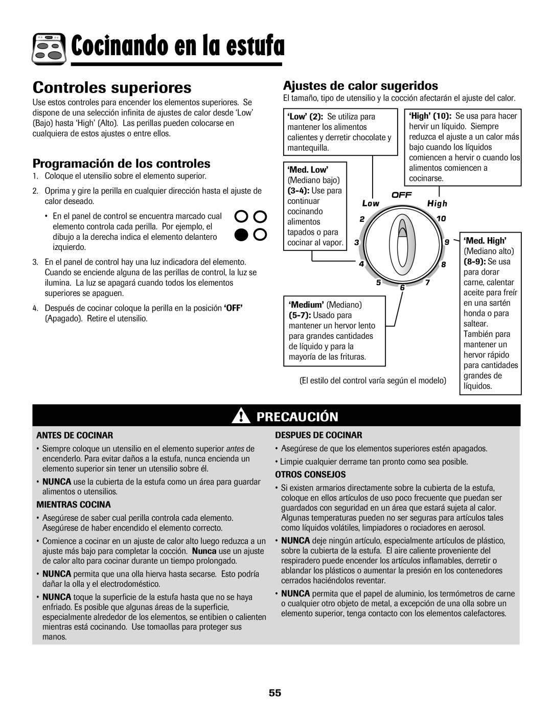 Amana Electric Range - Coil manual Cocinando en la estufa, Controles superiores, Programación de los controles 