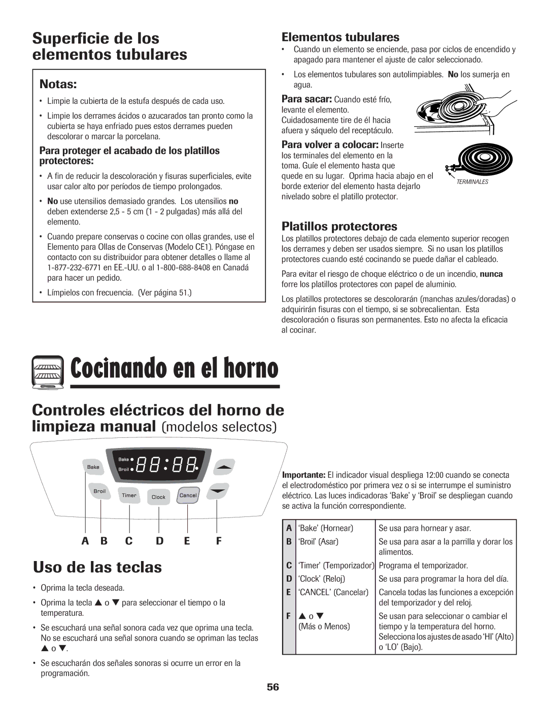 Amana Electric Range - Coil manual Cocinando en el horno, Superficie de los elementos tubulares, Uso de las teclas 