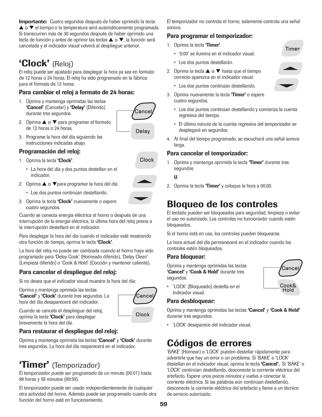 Amana Electric Range - Coil manual ‘Clock’ Reloj, Bloqueo de los controles, Códigos de errores, ‘Timer’ Temporizador 