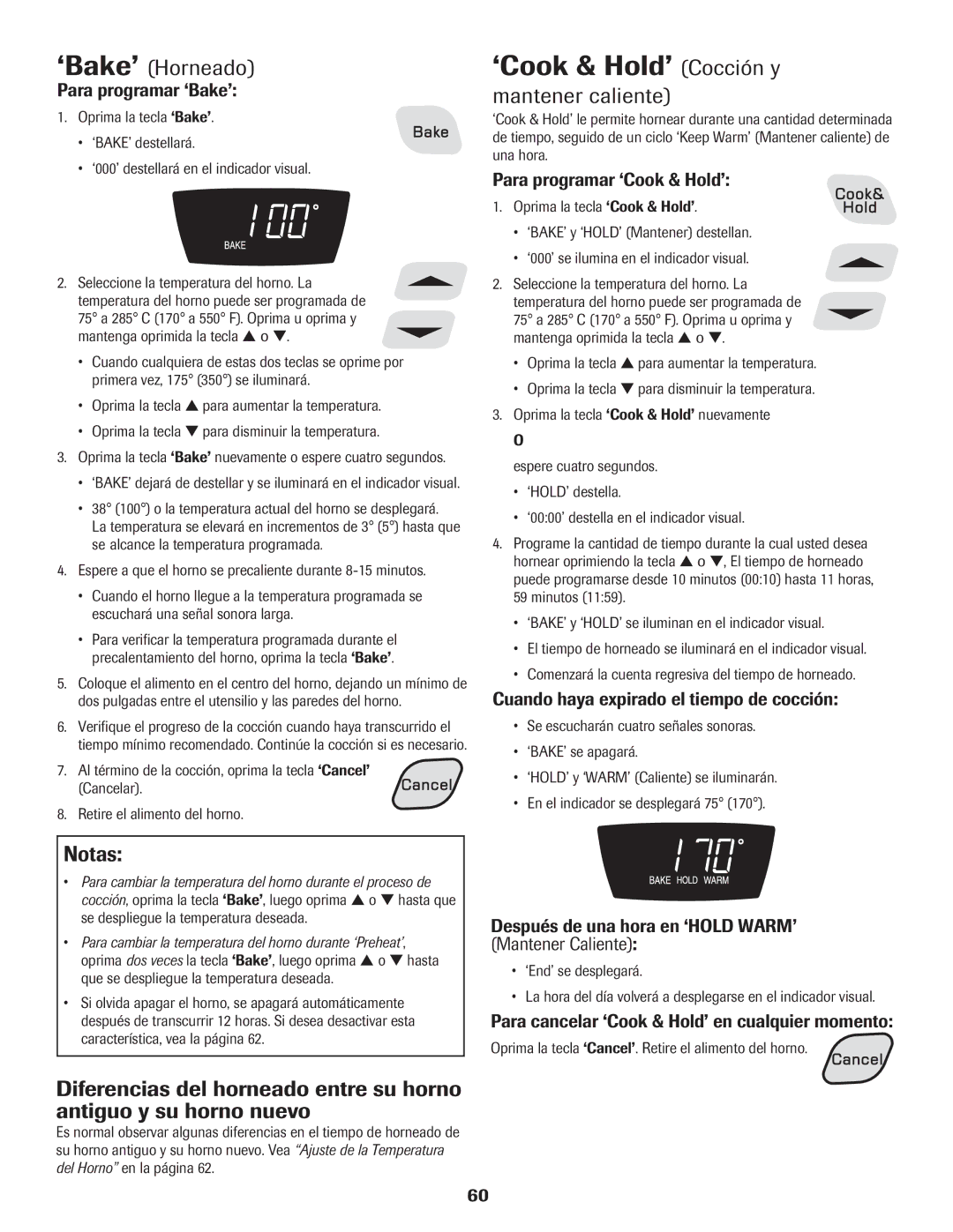 Amana Electric Range - Coil manual ‘Cook & Hold’ Cocción y, ‘Bake’ Horneado, Mantener caliente 