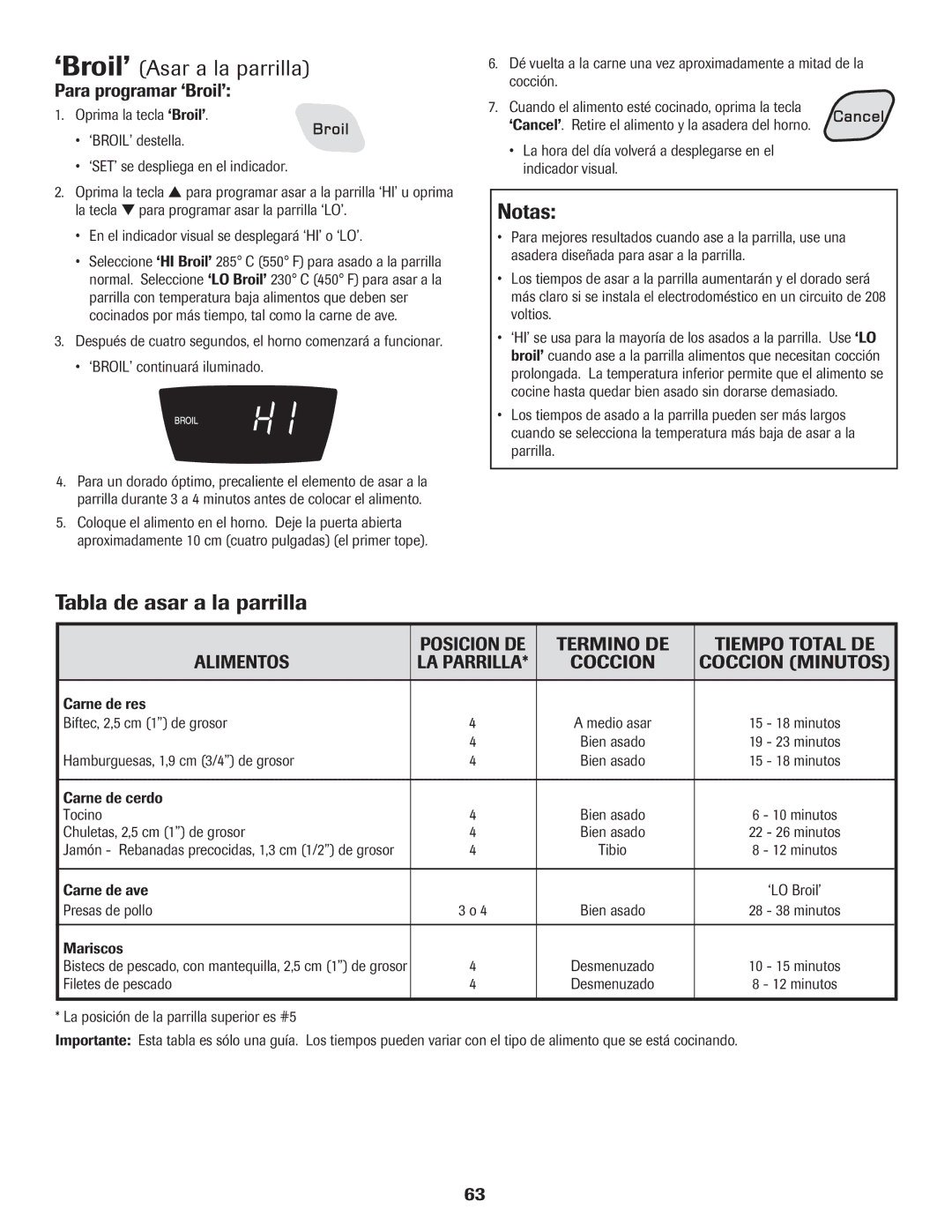 Amana Electric Range - Coil manual ‘Broil’ Asar a la parrilla, Tabla de asar a la parrilla, Para programar ‘Broil’ 