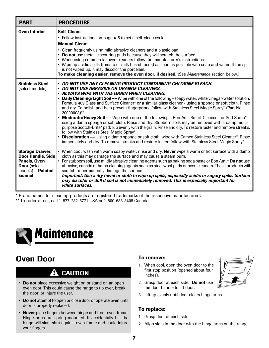 Amana Electric Range - Coil manual Maintenance, Oven Door, To remove, To replace 