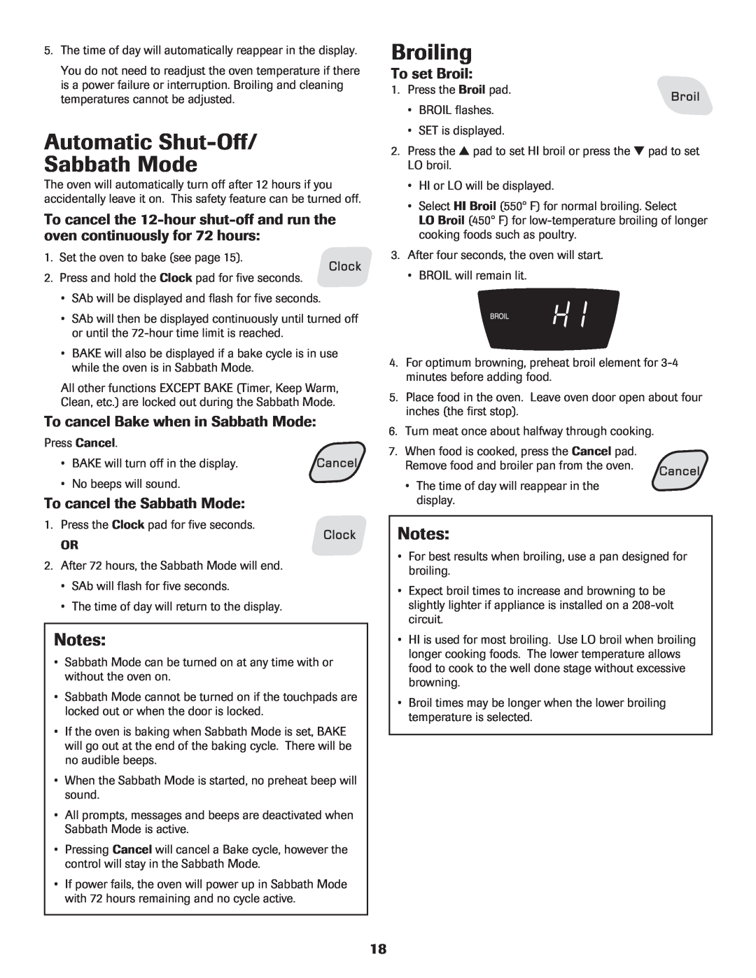 Amana Electric Range - Coil Automatic Shut-Off Sabbath Mode, Broiling, To cancel Bake when in Sabbath Mode, To set Broil 