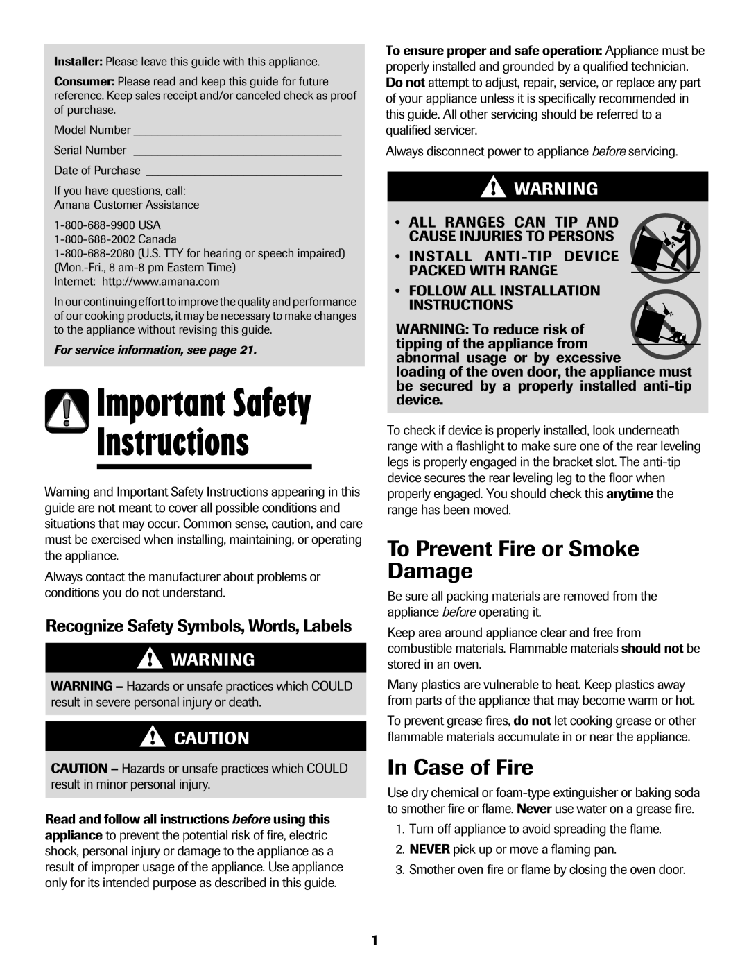Amana Electric Range - Coil manual Instructions, Important Safety, To Prevent Fire or Smoke Damage, In Case of Fire 