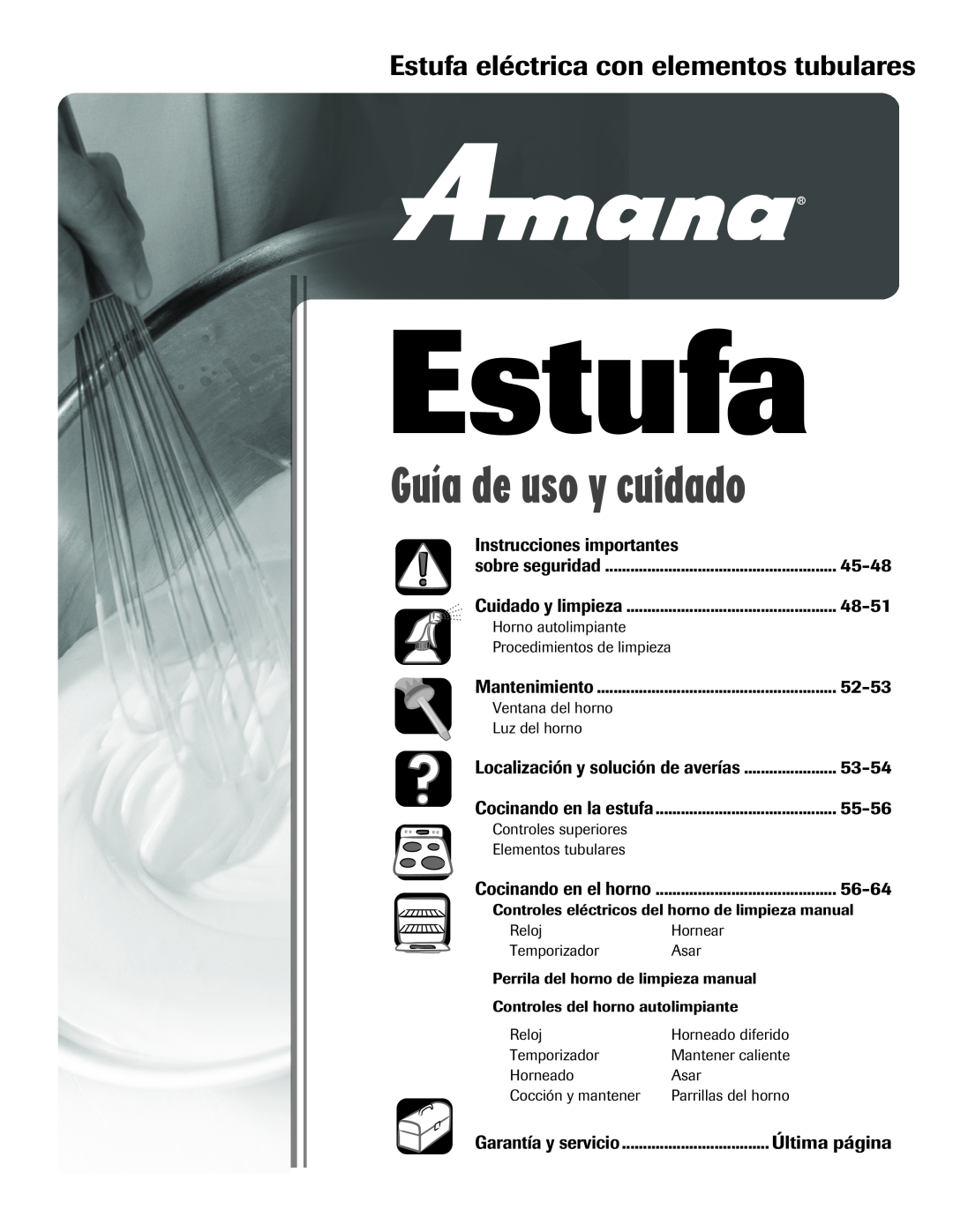 Amana Electric Range - Coil Estufa eléctrica con elementos tubulares, Instrucciones importantes, 45-48, 48-51, 52-53 