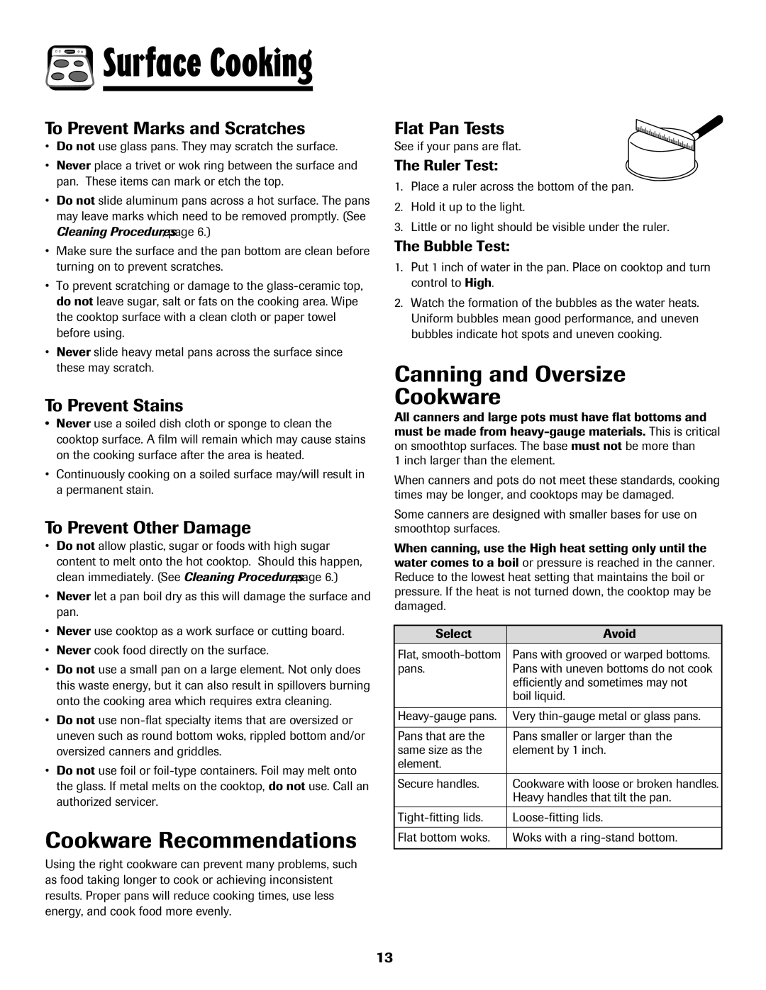 Amana Electric Smoothtop Range important safety instructions Cookware Recommendations, Canning and Oversize Cookware 