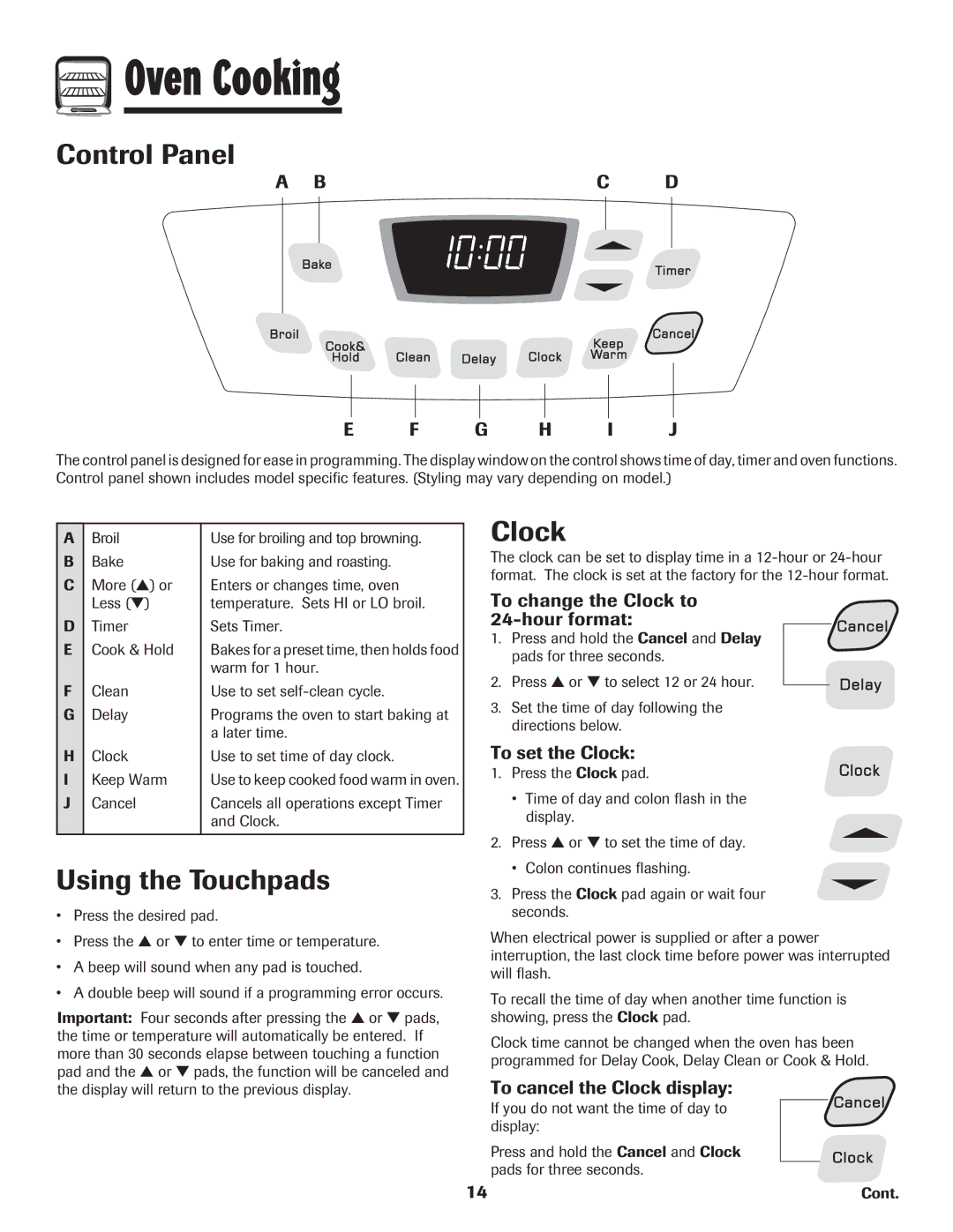 Amana Electric Smoothtop Range Oven Cooking, Control Panel, Using the Touchpads, Clock, Bc D G H I J 