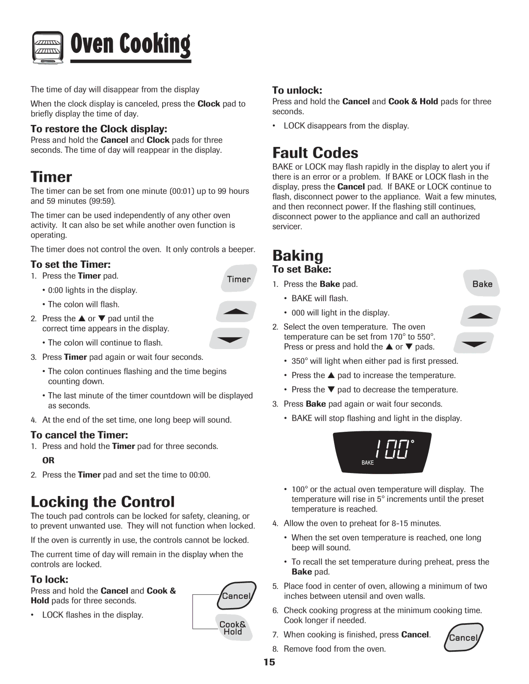 Amana Electric Smoothtop Range important safety instructions Timer, Locking the Control, Fault Codes, Baking 