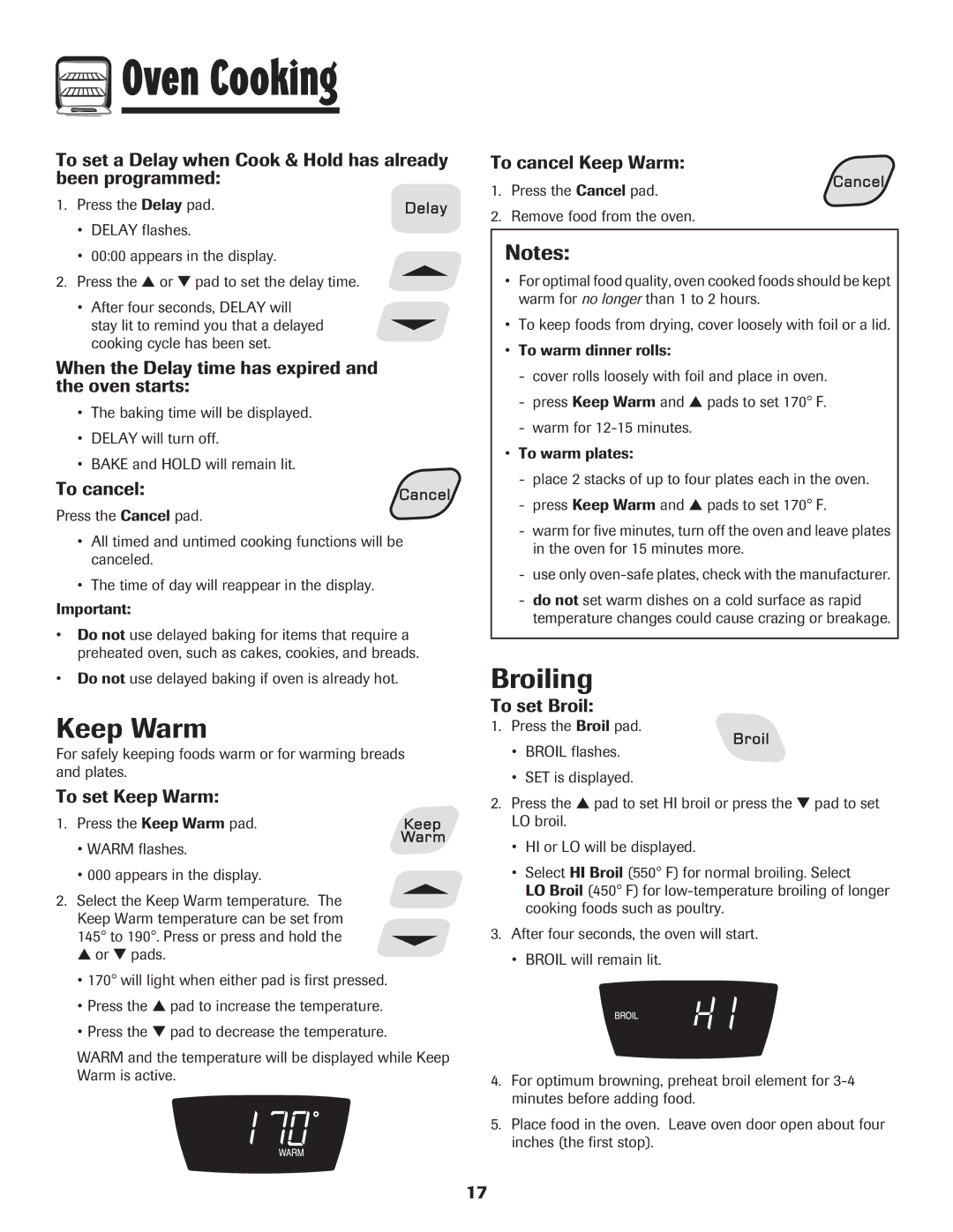 Amana Electric Smoothtop Range important safety instructions Keep Warm, Broiling 