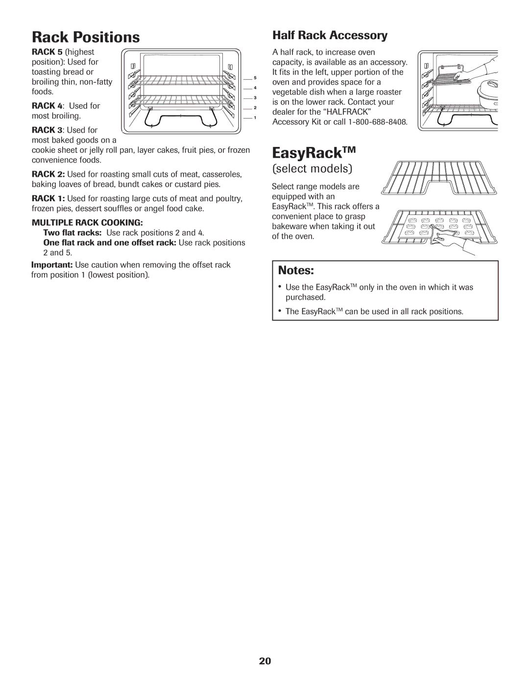 Amana Electric Smoothtop Range important safety instructions Rack Positions, EasyRackTM, Half Rack Accessory, Select models 