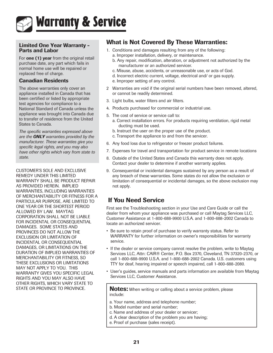 Amana Electric Smoothtop Range Warranty & Service, What is Not Covered By These Warranties, If You Need Service 