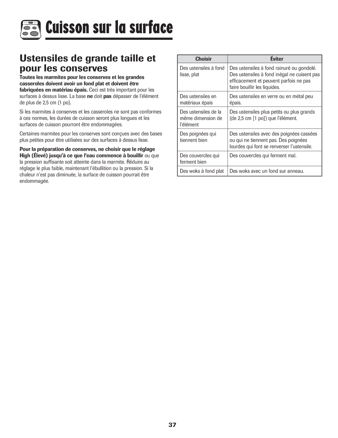 Amana Electric Smoothtop Range important safety instructions Ustensiles de grande taille et pour les conserves 