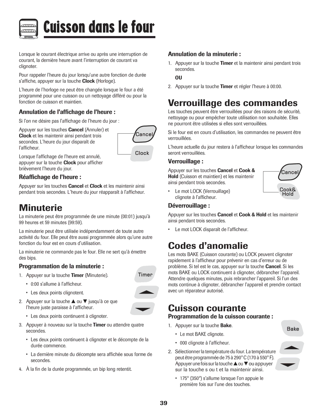 Amana Electric Smoothtop Range Minuterie, Verrouillage des commandes, Codes d’anomalie, Cuisson courante 