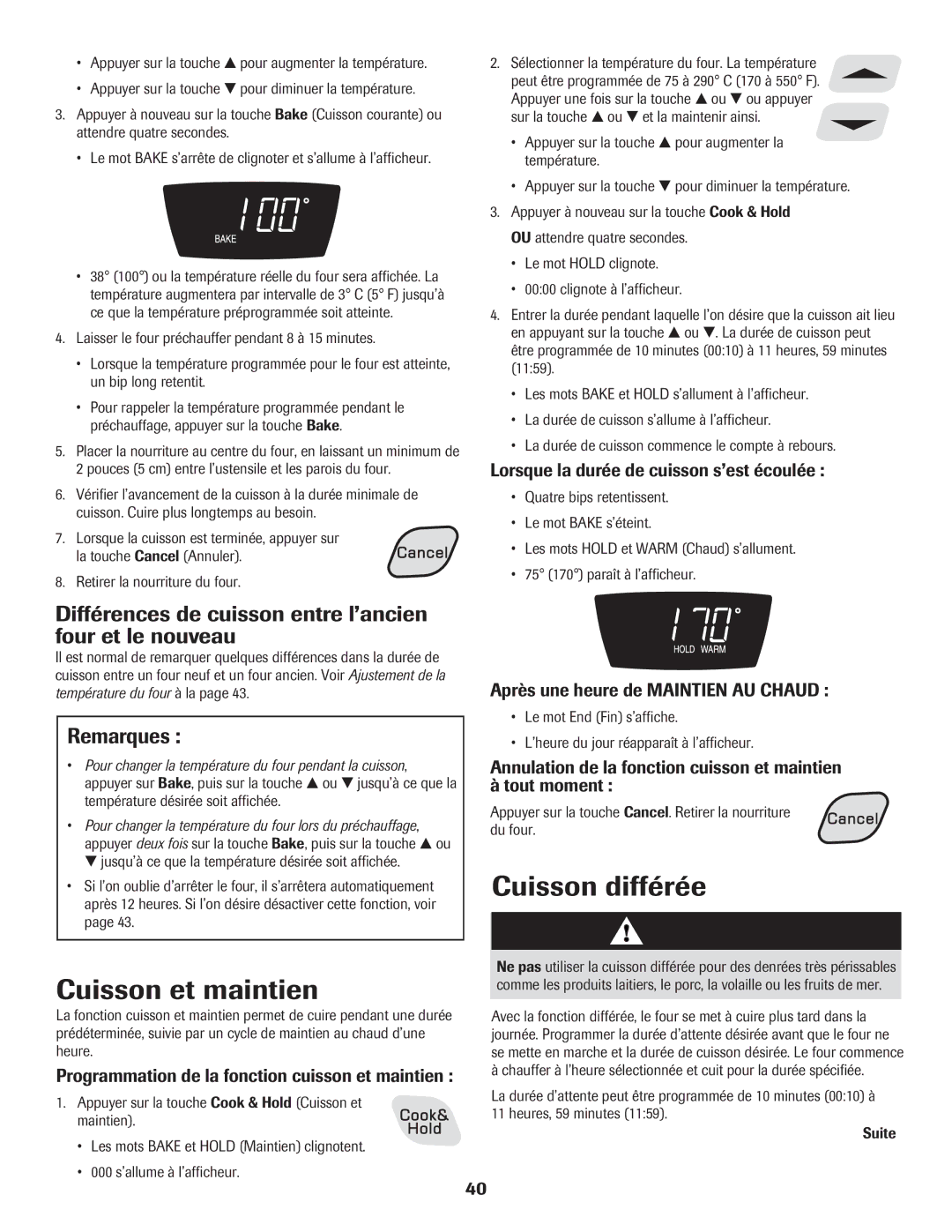 Amana Electric Smoothtop Range important safety instructions Cuisson et maintien, Cuisson différée 